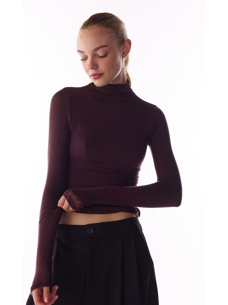 Blouse en cachemire à col montant et manches longues penti Rouge bordeaux - Kiabi