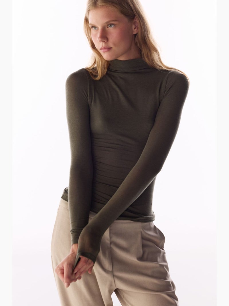 Blouse en cachemire à col montant et manches longues penti Vert kaki - Kiabi