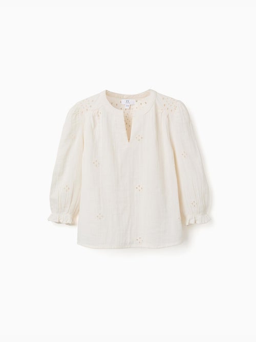 Blouse en coton à broderie anglaise et volants - Kiabi