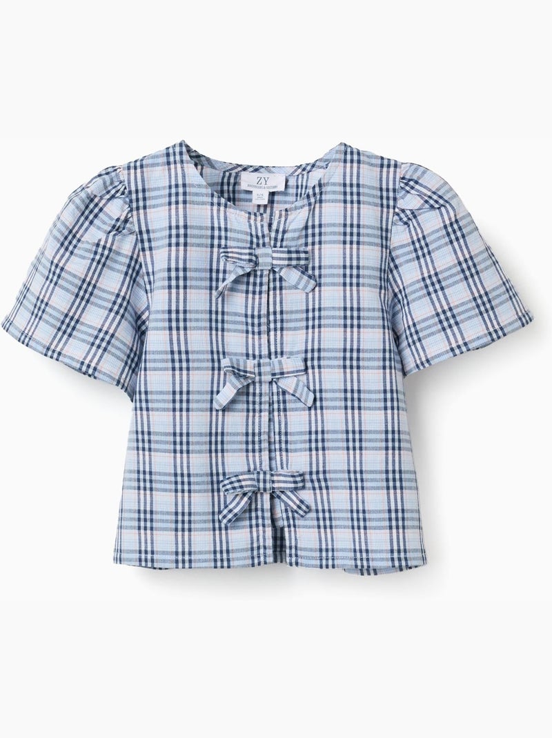 Blouse en coton à carreaux avec nœuds décoratifs B&S Bleu foncé - Kiabi