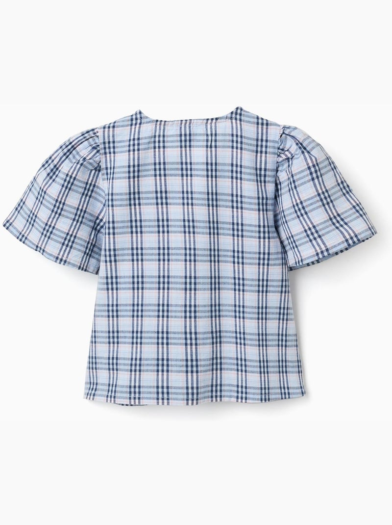 Blouse en coton à carreaux avec nœuds décoratifs B&S Bleu foncé - Kiabi
