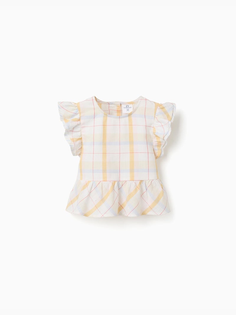 Blouse en coton à carreaux avec volants B&S Blanc - Kiabi
