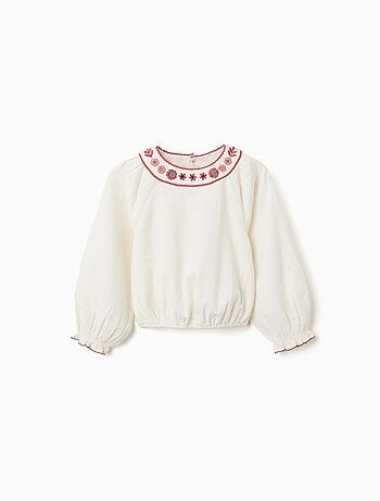 Blouse en coton à manches longues avec col brodé
