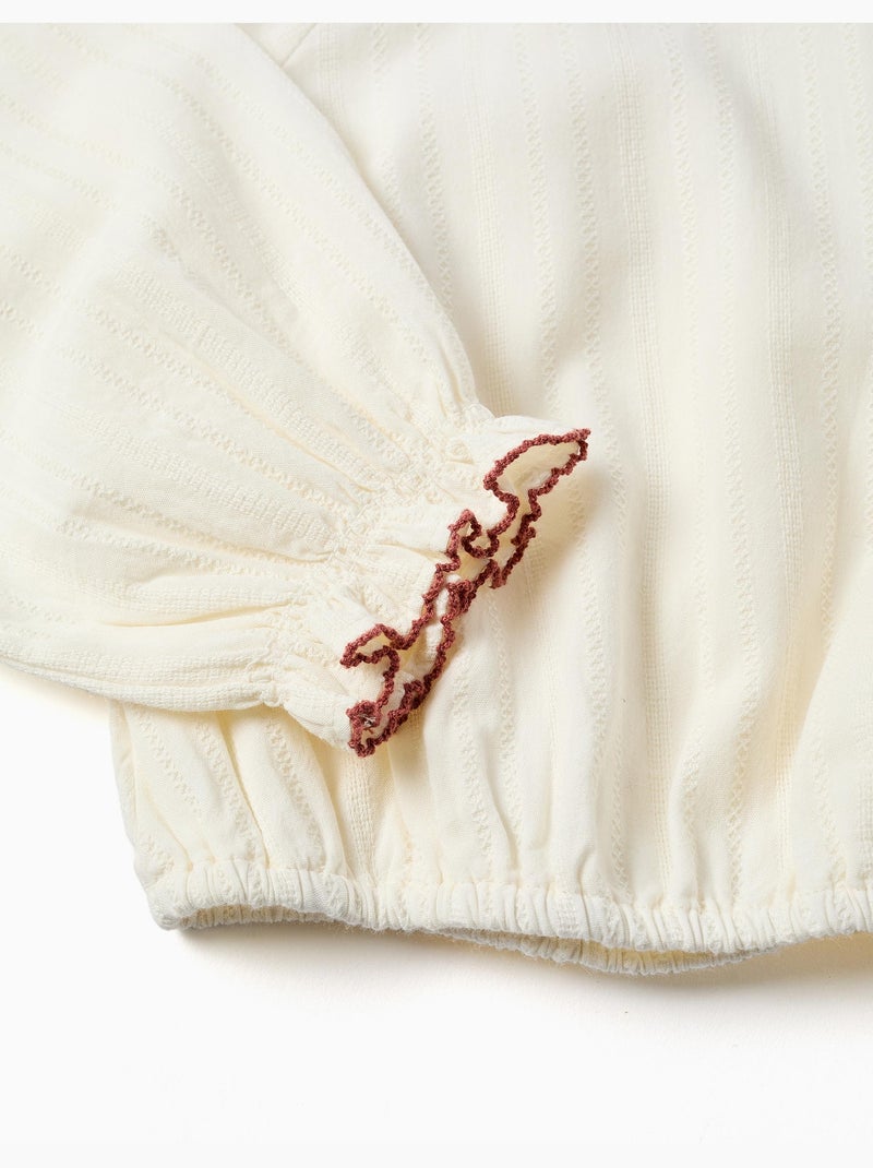 Blouse en coton à manches longues avec col brodé Blanc - Kiabi