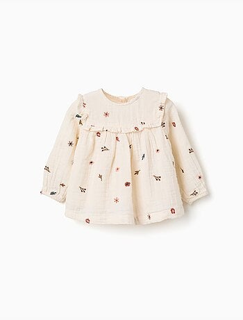 Blouse en coton à manches longues avec fleurs brodées