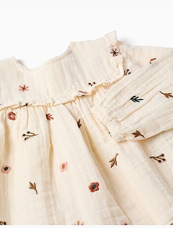 Blouse en coton à manches longues avec fleurs brodées