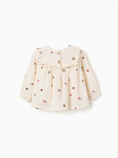 Blouse en coton à manches longues avec fleurs brodées - Kiabi Blouse en coton à manches longues avec fleurs brodées - Kiabi