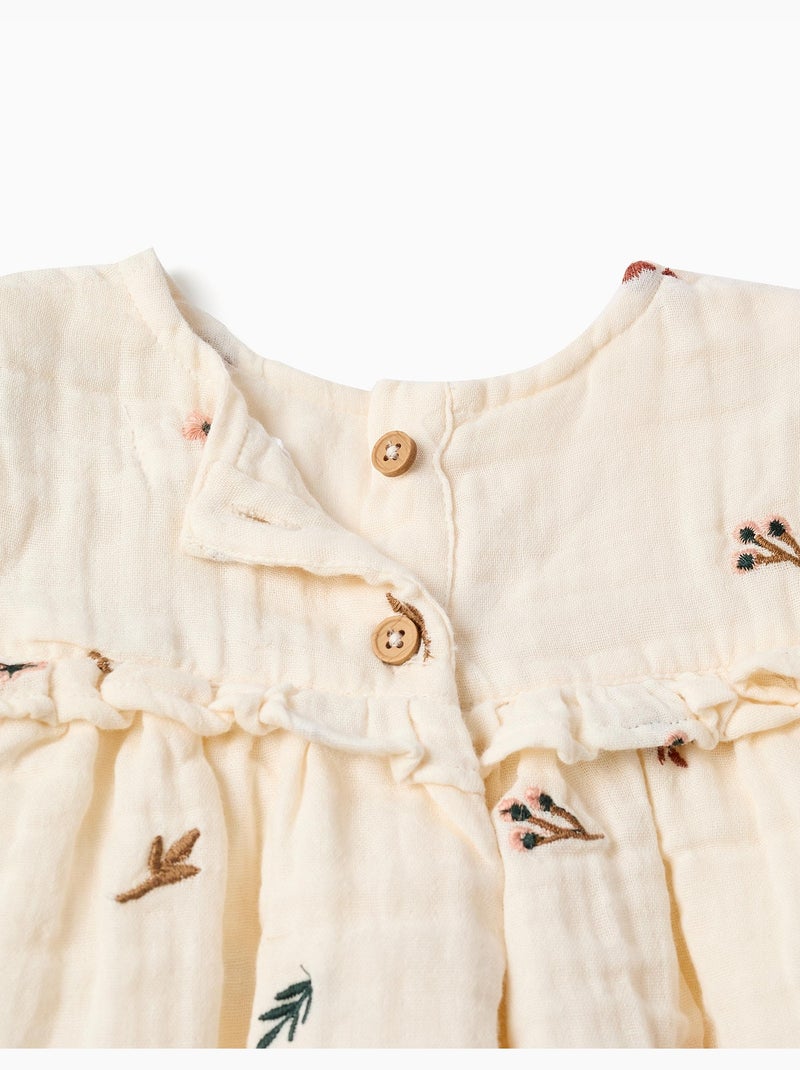 Blouse en coton à manches longues avec fleurs brodées Blanc - Kiabi