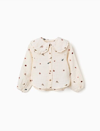 Blouse en coton à manches longues avec fleurs brodées