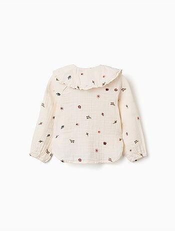 Blouse en coton à manches longues avec fleurs brodées