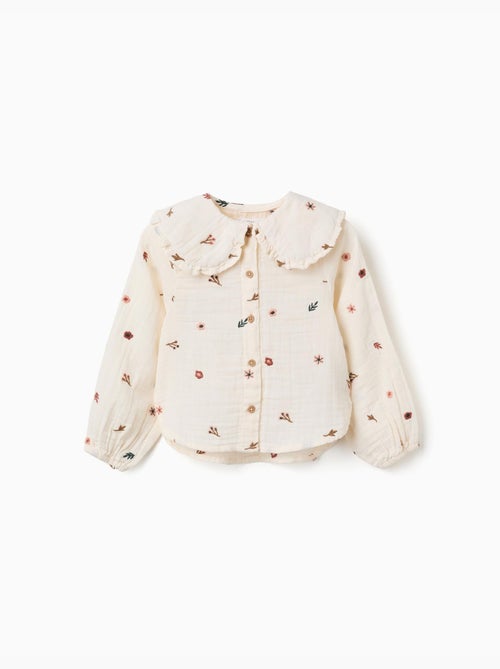 Blouse en coton à manches longues avec fleurs brodées - Kiabi