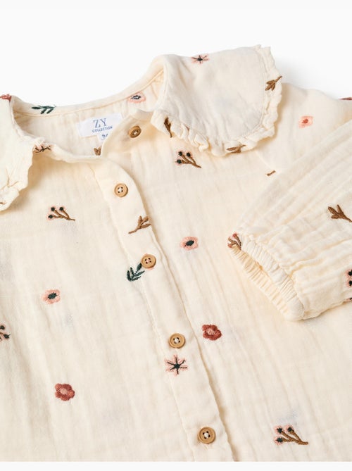 Blouse en coton à manches longues avec fleurs brodées - Kiabi
