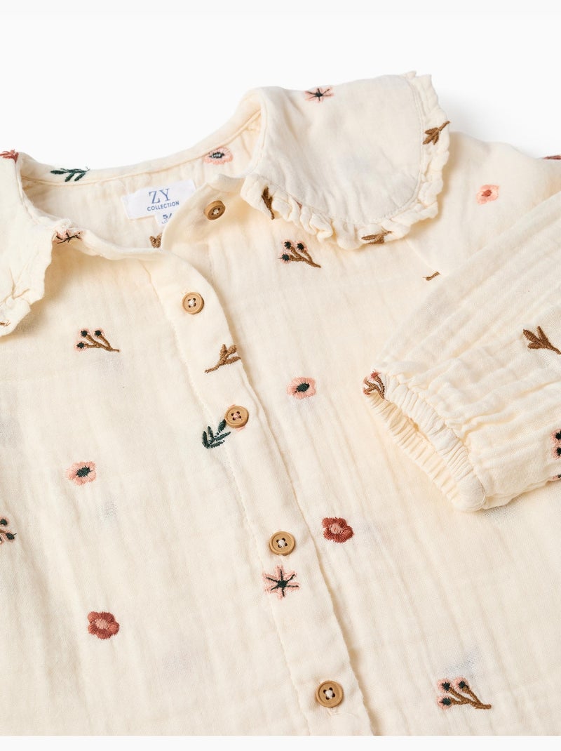 Blouse en coton à manches longues avec fleurs brodées Blanc - Kiabi