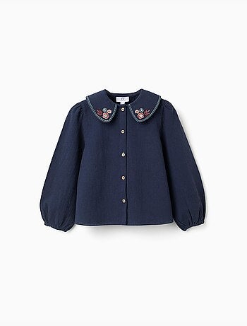 Blouse en coton à manches longues avec fleurs brodées