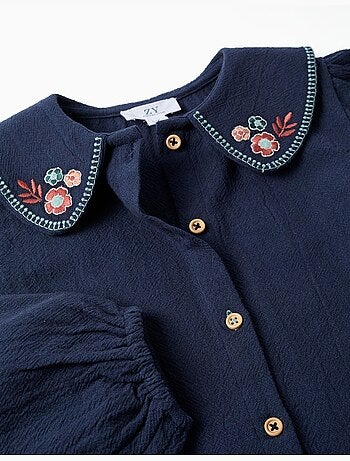Blouse en coton à manches longues avec fleurs brodées