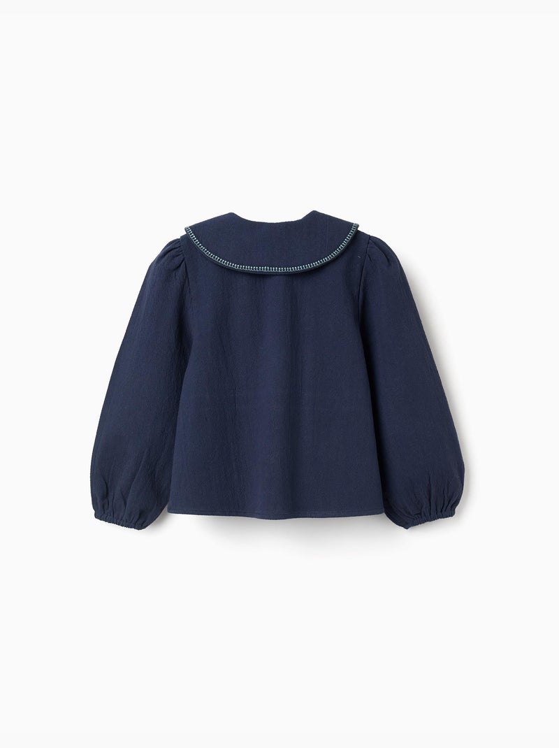 Blouse en coton à manches longues avec fleurs brodées Bleu foncé - Kiabi