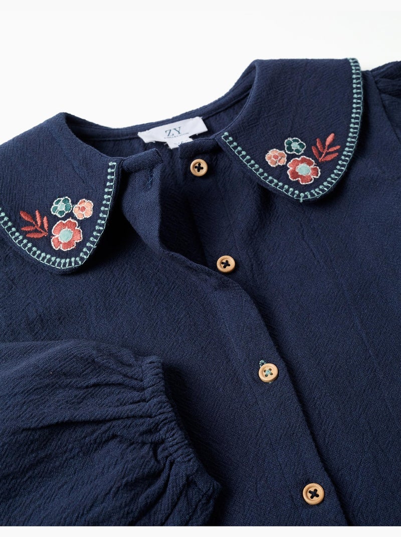 Blouse en coton à manches longues avec fleurs brodées Bleu foncé - Kiabi