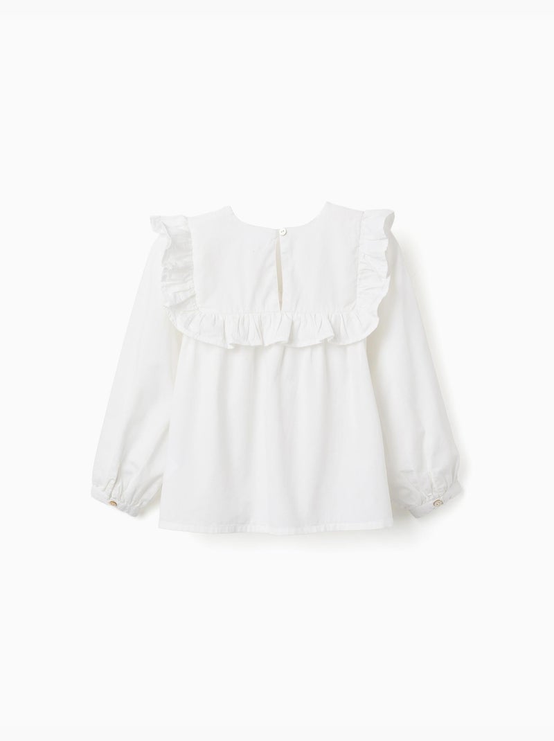 Blouse en coton à manches longues avec volants et broderie Blanc - Kiabi