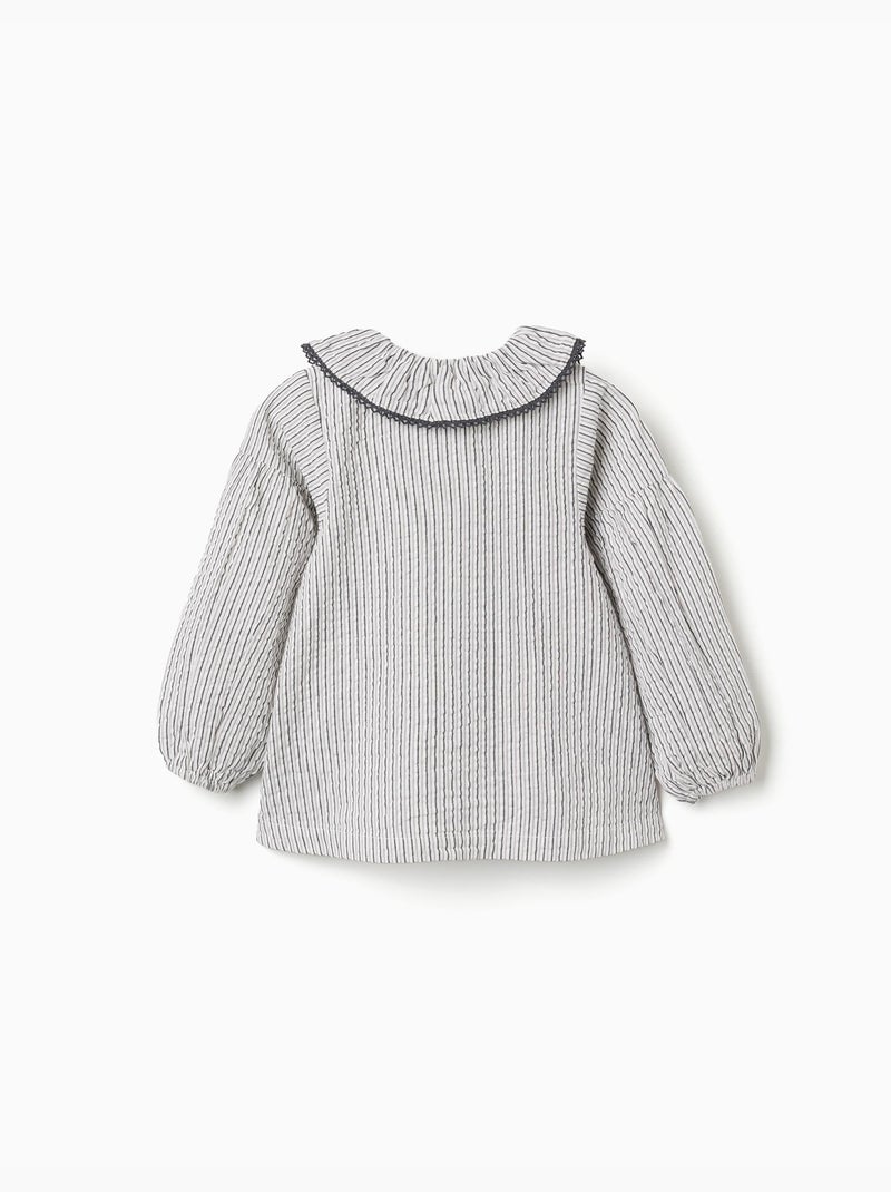 Blouse en coton à rayures et col volanté B&S Blanc - Kiabi