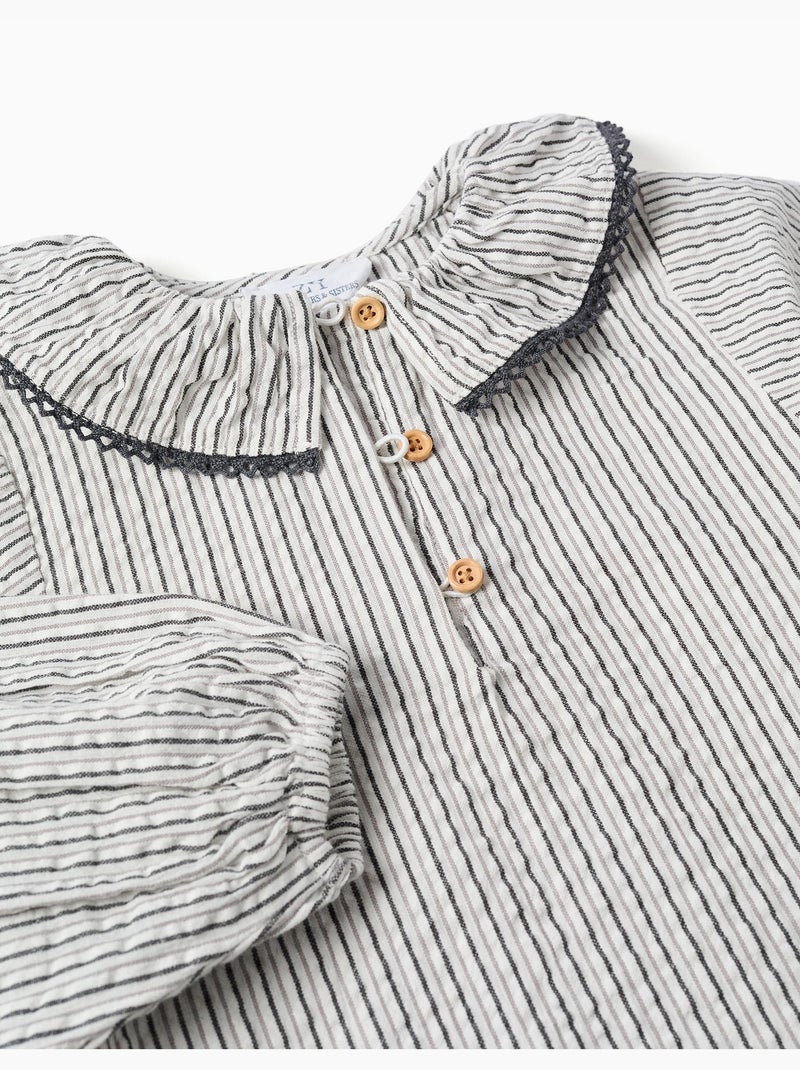 Blouse en coton à rayures et col volanté B&S Blanc - Kiabi