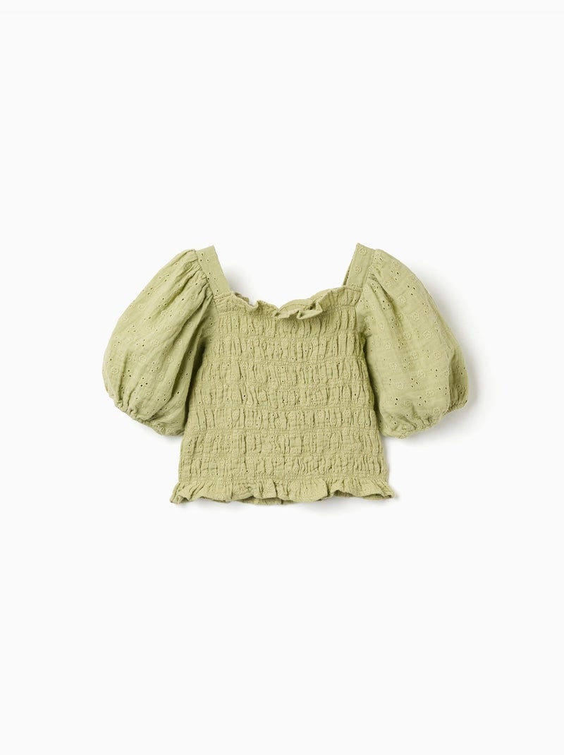 Blouse en coton avec broderie anglaise et manches ballon Vert clair - Kiabi