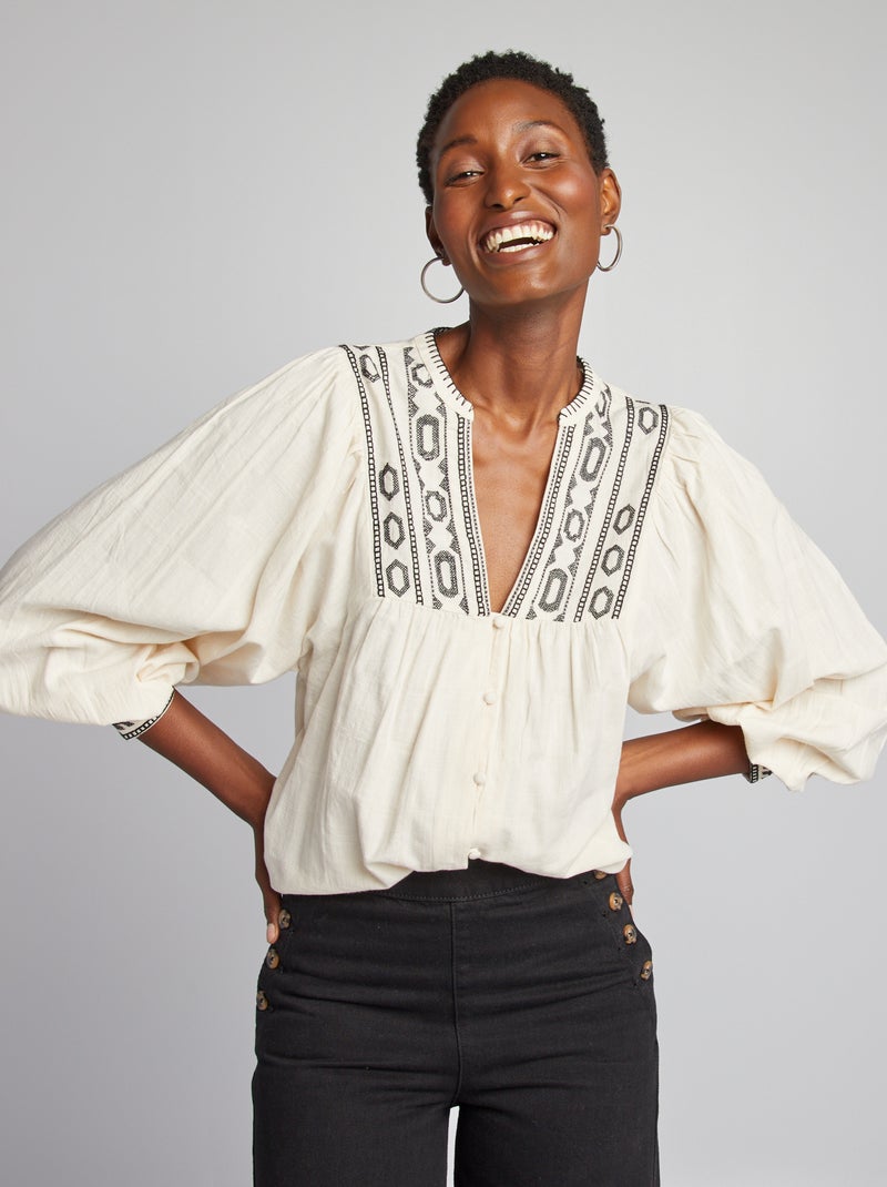 Blouse en coton avec détails surpiqués Beige - Kiabi