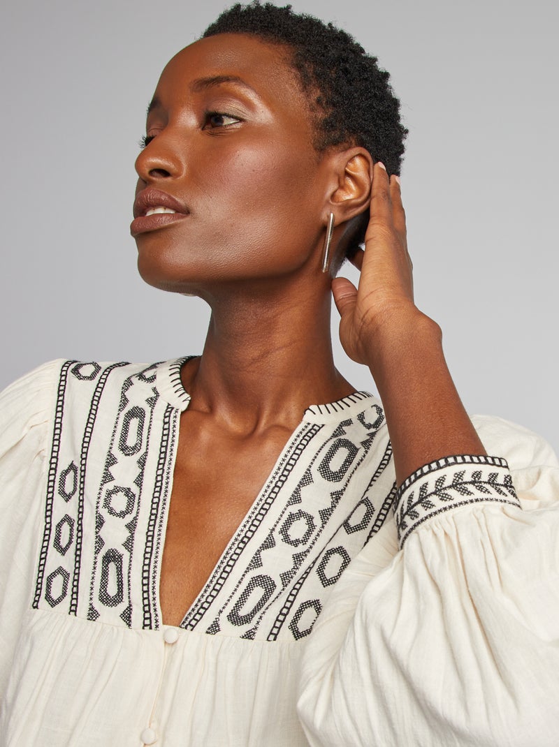 Blouse en coton avec détails surpiqués Beige - Kiabi