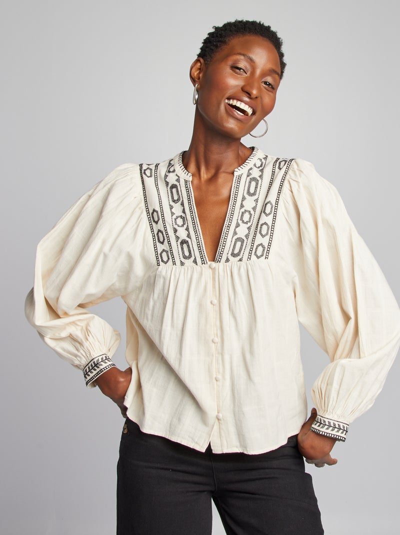 Blouse en coton avec détails surpiqués Beige - Kiabi
