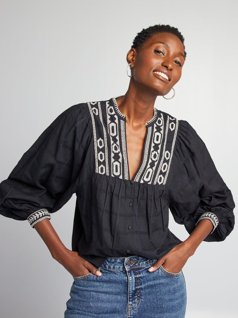 Blouse en coton avec détails surpiqués noir - Kiabi