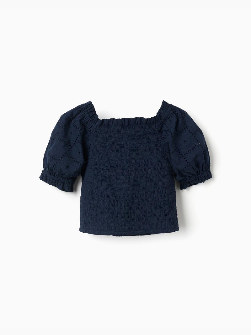 Blouse en coton avec élastique smocké et volants Bleu foncé - Kiabi
