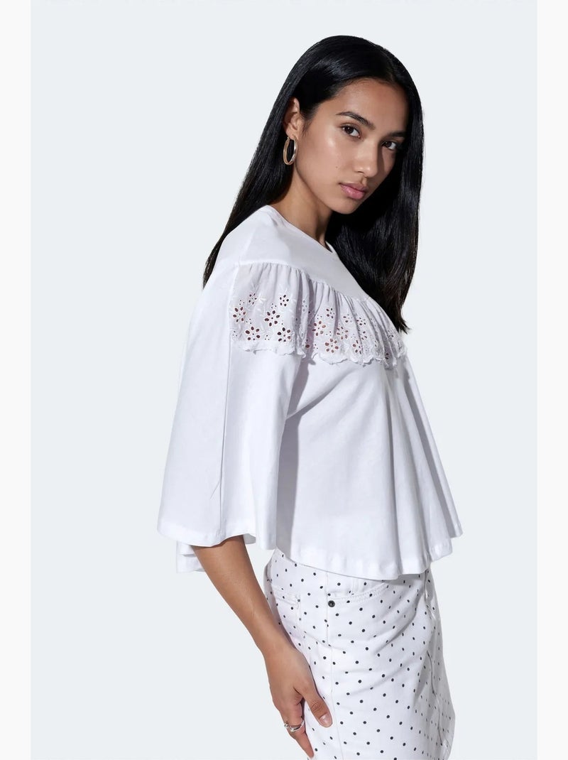 Blouse en coton coupe décontractée, col rond busem Blanc - Kiabi