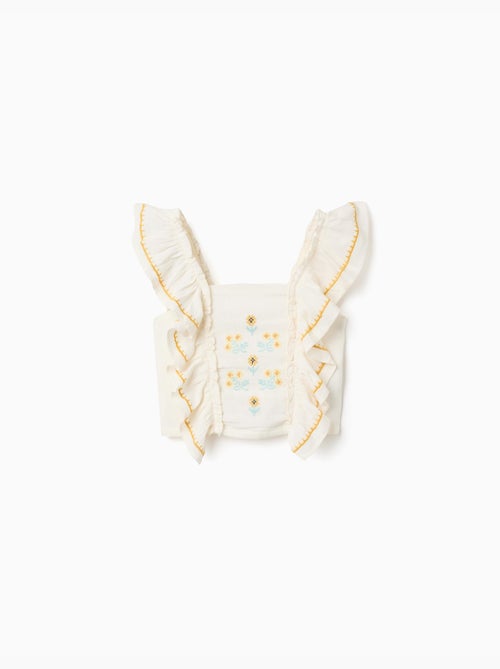 Blouse en coton et lin avec bretelles à volants - Kiabi