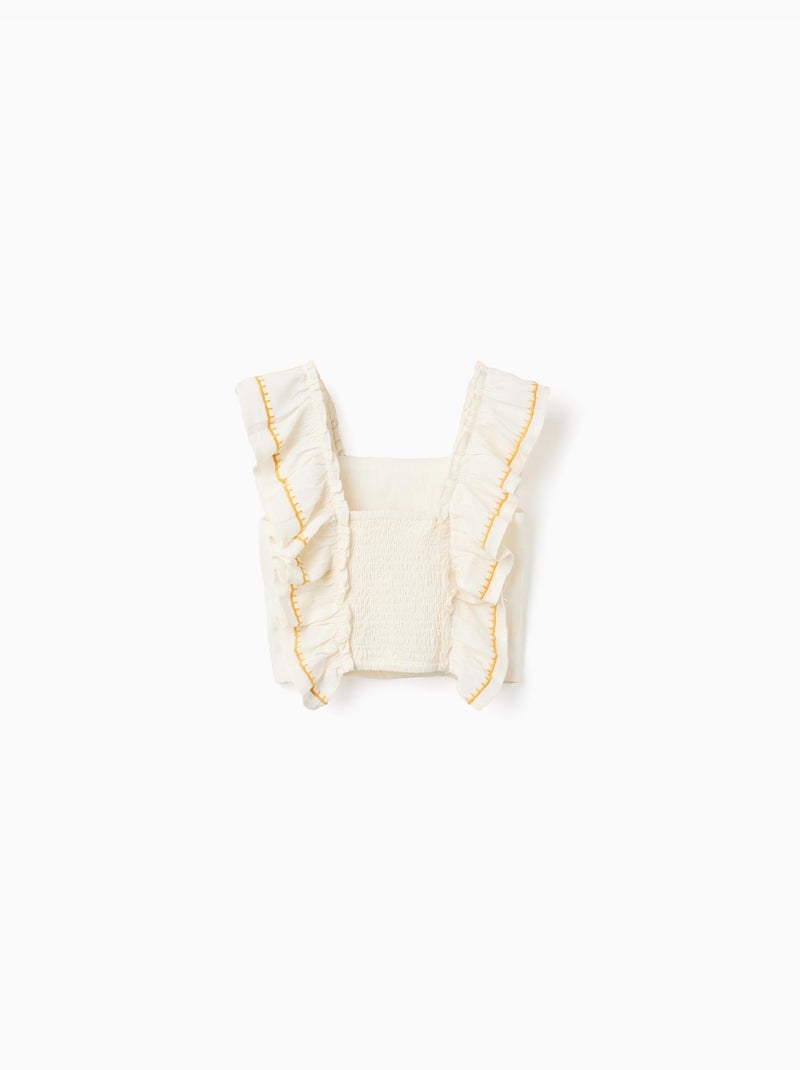 Blouse en coton et lin avec bretelles à volants Beige clair - Kiabi