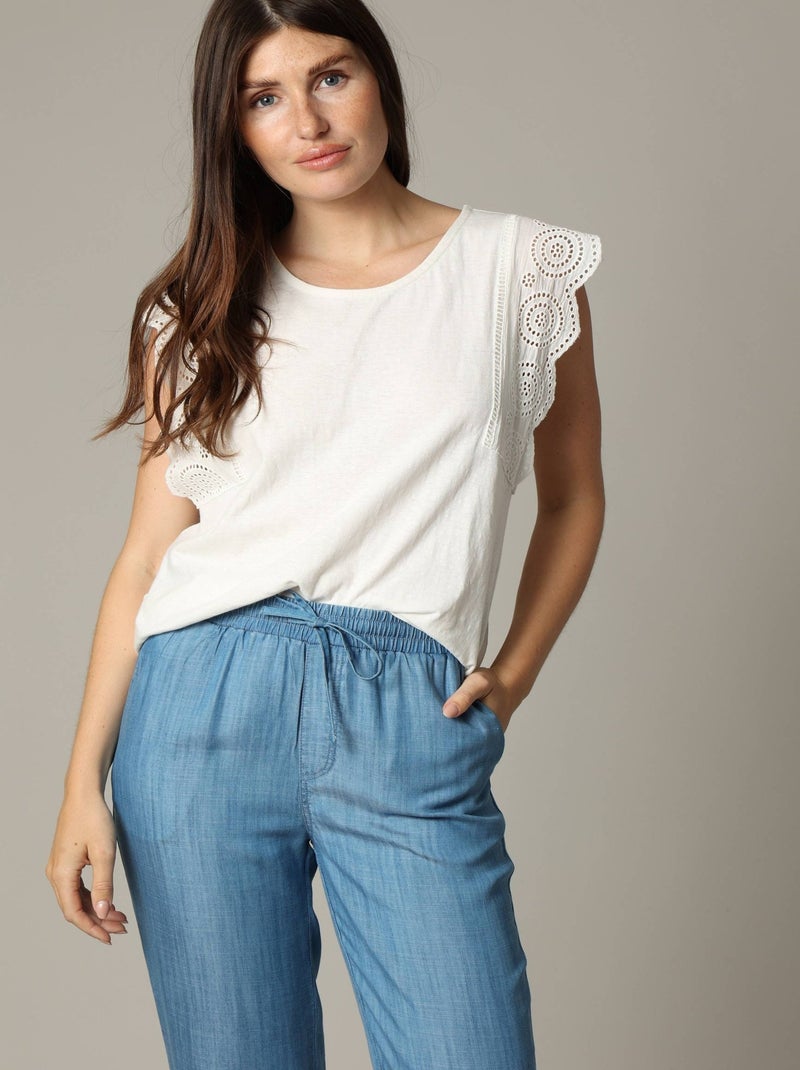 Blouse en coton et lin avec détails ajourés 'Deeluxe' Blanc - Kiabi