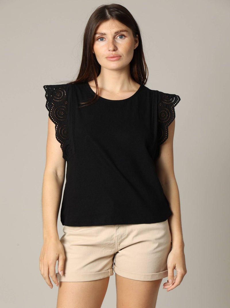 Blouse en coton et lin avec détails ajourés 'Deeluxe' Noir - Kiabi