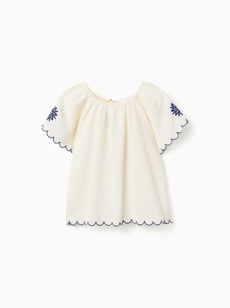 Blouse en coton et lin avec fleurs Beige clair - Kiabi