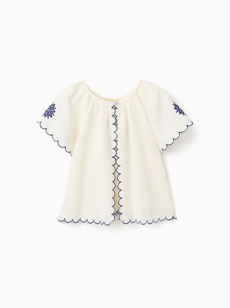Blouse en coton et lin avec fleurs Beige clair - Kiabi