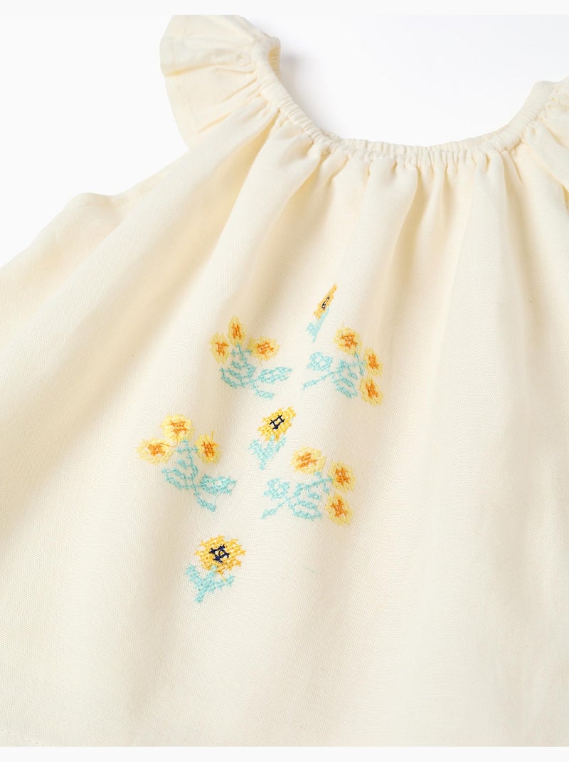 Blouse en coton et lin avec fleurs Beige clair - Kiabi