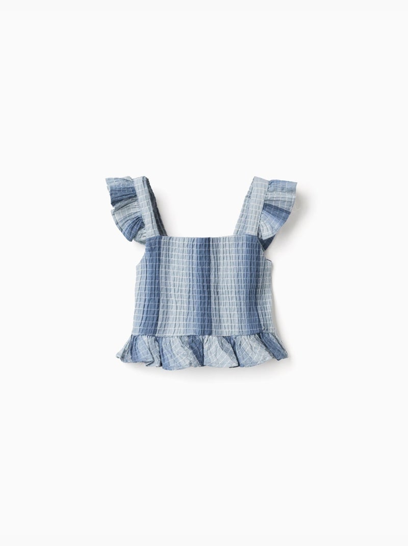 Blouse en coton sans manches à rayures et à volants Bleu clair - Kiabi