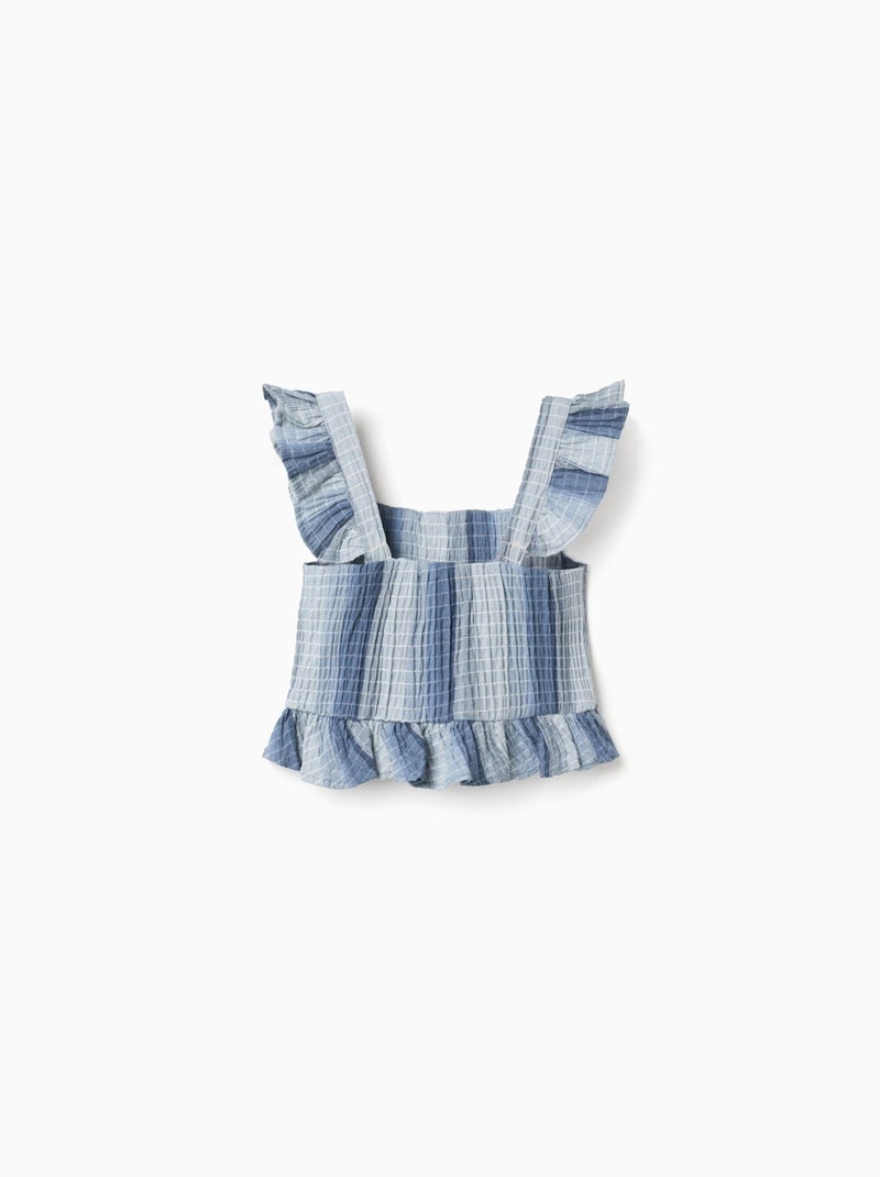 Blouse en coton sans manches à rayures et à volants Bleu clair - Kiabi