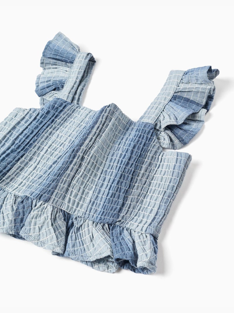 Blouse en coton sans manches à rayures et à volants Bleu clair - Kiabi
