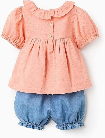 Blouse en coton + short en jean à volants