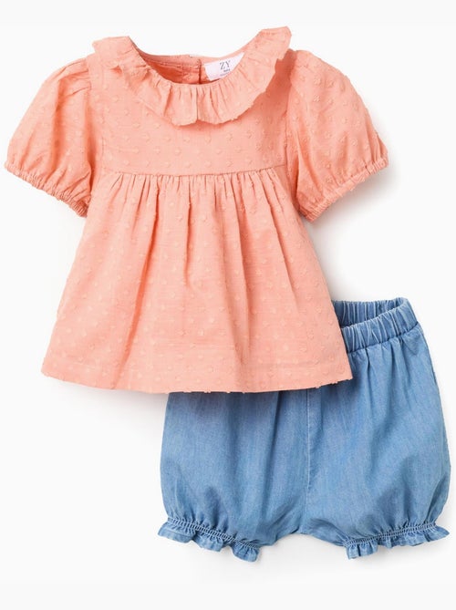 Blouse en coton + short en jean à volants - Kiabi