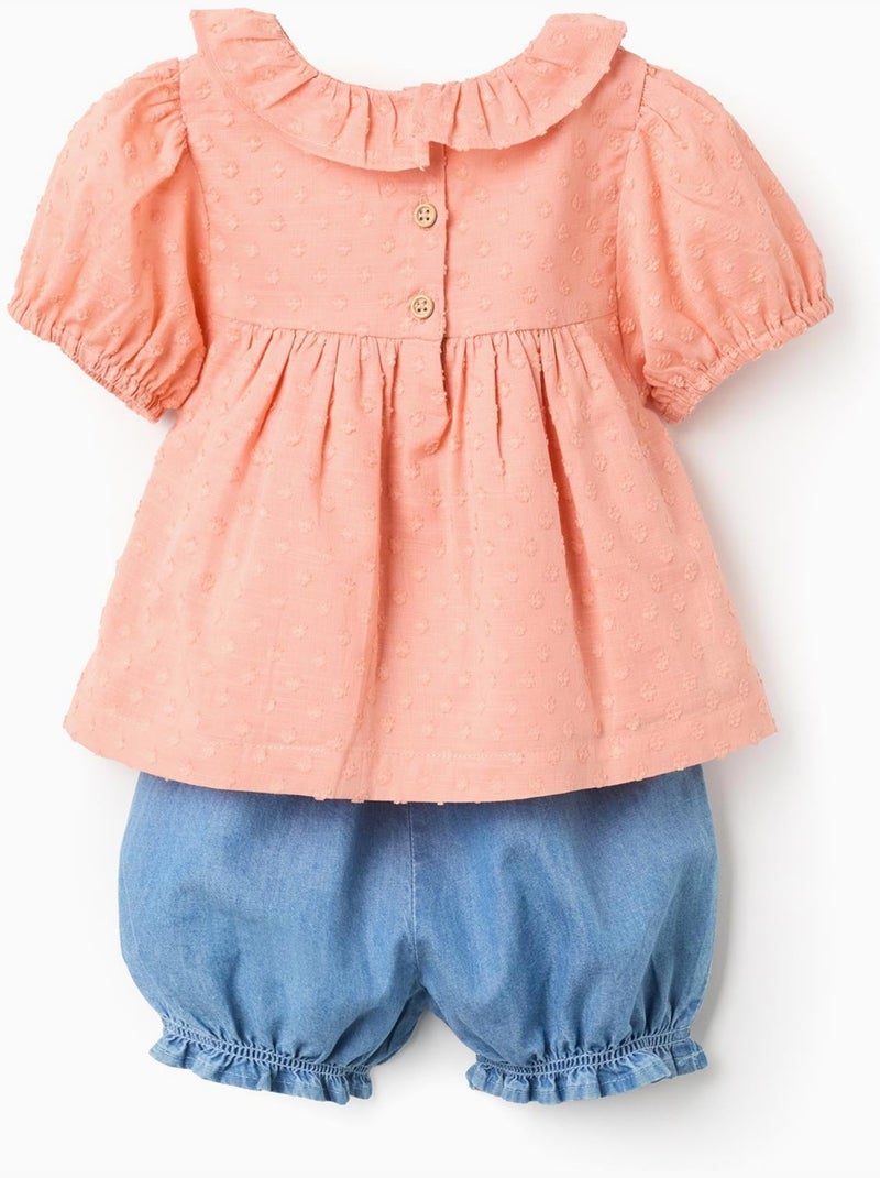 Blouse en coton + short en jean à volants Orange clair - Kiabi