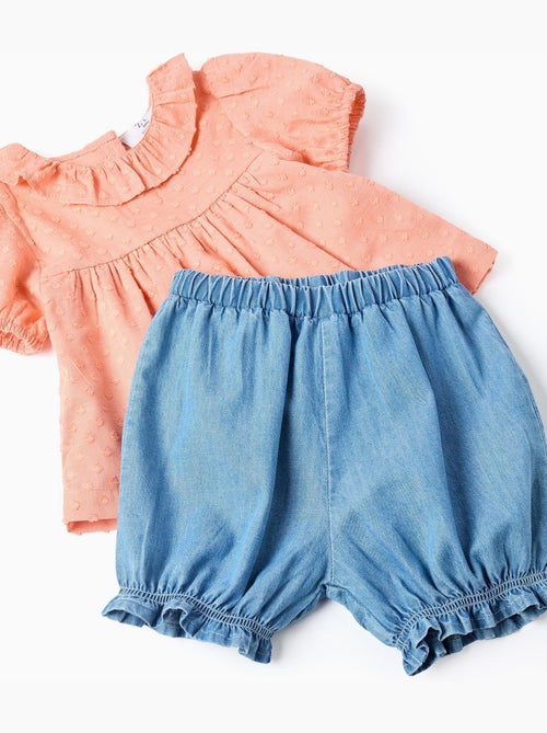 Blouse en coton + short en jean à volants - Kiabi