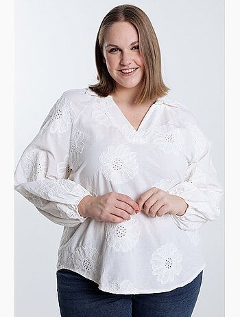 Blouse en coton unie avec fleurs brodées