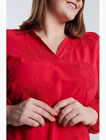 Blouse en coton unie avec fleurs brodées PAPRIKA