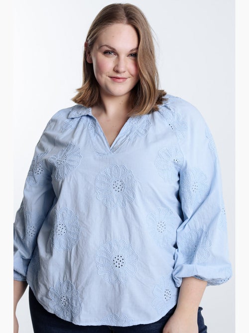 Blouse en coton unie avec fleurs brodées PAPRIKA - Kiabi