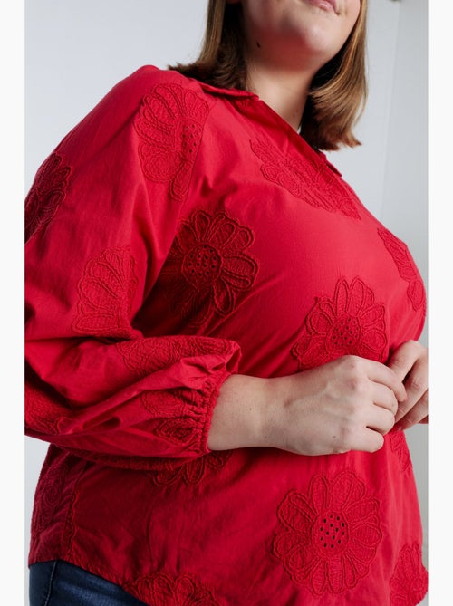 Blouse en coton unie avec fleurs brodées PAPRIKA - Kiabi