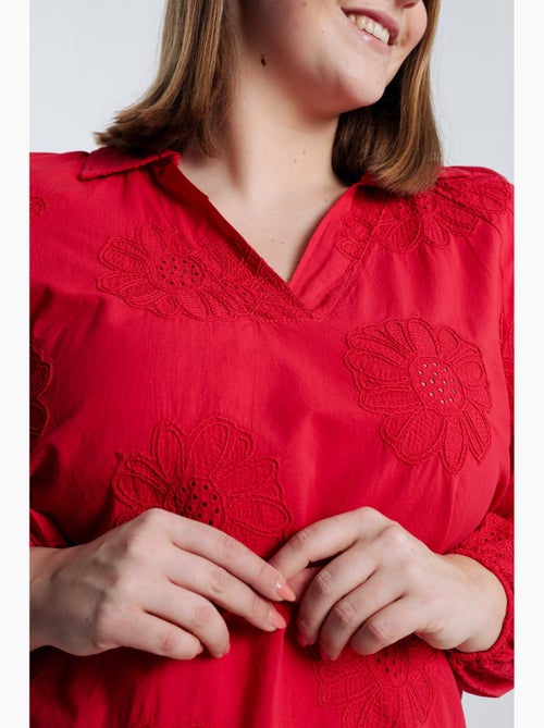 Blouse en coton unie avec fleurs brodées PAPRIKA - Kiabi